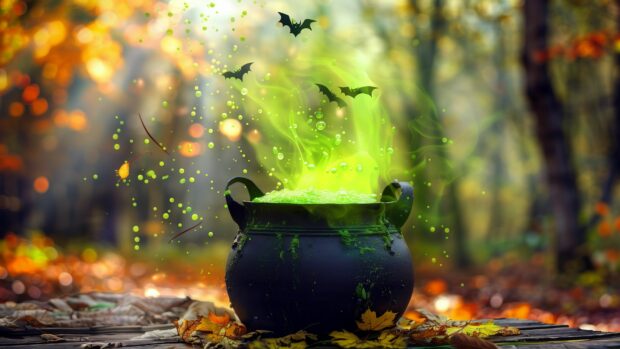 Sinister witch cauldron bubbling with green potion in the forest, Halloween Wallpaper 4K.