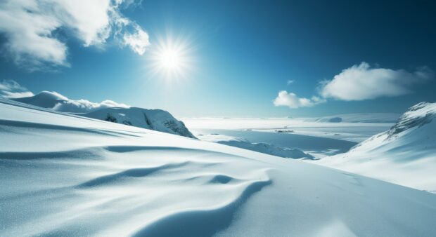 Snow covered mountains under a clear blue sky, pristine white slopes, Cool Nature Image.