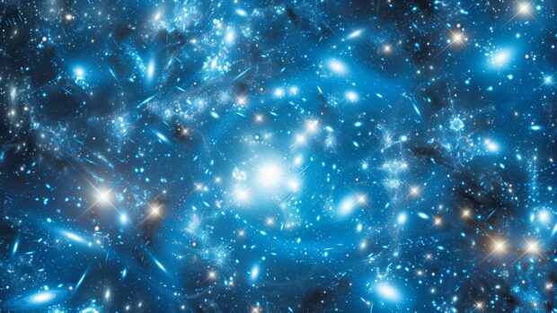 Space 1080p background with an artistic rendering of a distant galaxy cluster bathed in blue light, with intricate details and cosmic dust.