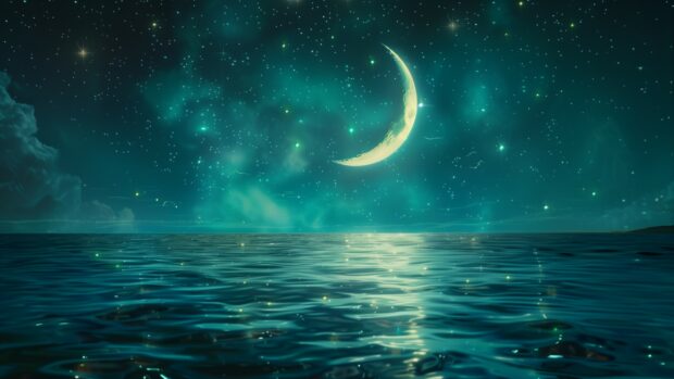 Space 2K desktop background with a serene depiction of a crescent moon above an alien ocean, with stars reflecting on the water's surface.