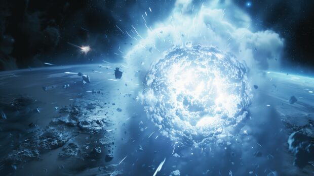 Space 2K wallpaper with a dramatic scene of a blue supernova explosion, with intense light and cosmic debris spreading out into space.