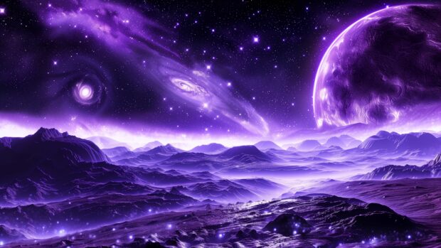 Space 4K background with an ethereal depiction of a purple aurora borealis dancing over an alien landscape, with a star filled sky above.