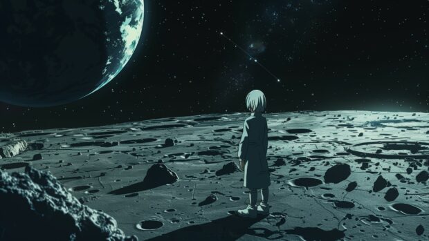 Space Anime desktop HD wallpaper with an anime character standing on the surface of the moon, gazing at Earth with a starry sky above, detailed and dramatic.