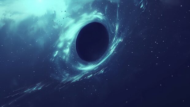 Space Anime desktop wallpaper HD with an anime depiction of a black hole, with light bending around it and distant stars creating a dramatic effect.