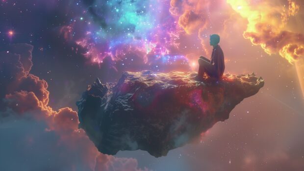 Space Anime desktop wallpaper with a peaceful anime scene of a character sitting on a floating rock in space, surrounded by colorful stars and nebulae.