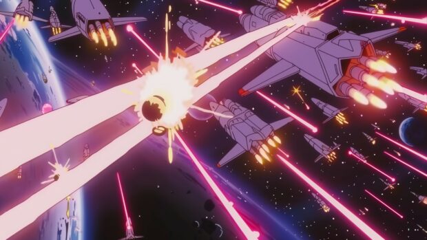 Space Anime wallpaper with a fleet of anime spaceships engaging in a space battle, with laser beams and explosions lighting up the cosmos.