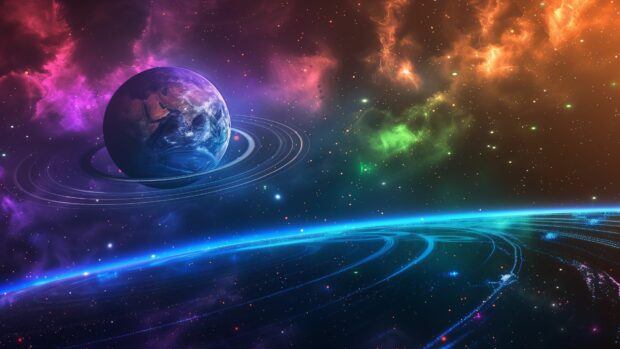  Space Background 1080p of a rainbow hued planet orbiting in space, with colorful rings and distant stars providing a beautiful cosmic backdrop.