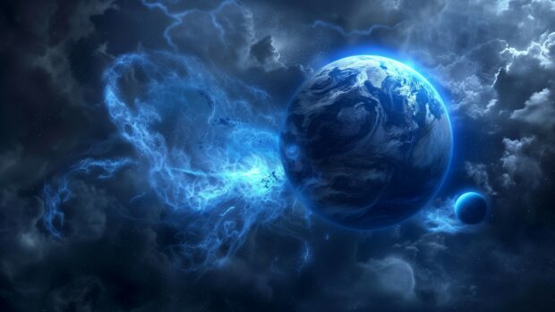Space Blue 4K background with an epic view of a blue planet with swirling clouds and oceans, set against the backdrop of the deep blue cosmos.