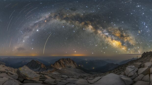 Space Desktop Wallpaper with A panoramic view of the night sky from a mountaintop, showcasing the Milky Way and shooting stars.