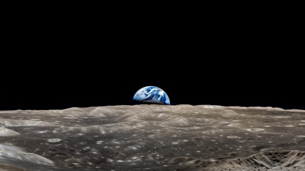 Space Desktop Wallpaper with A panoramic view of the surface of the Moon with the Earth rising in the distance.