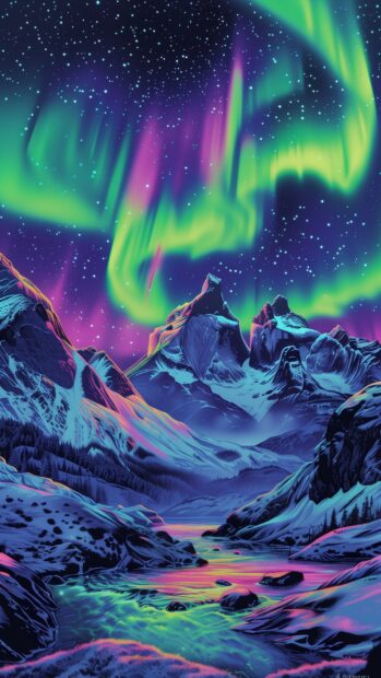 Space HD iPhone wallpaper with a vibrant depiction of the Northern Lights dancing over a snowy landscape.