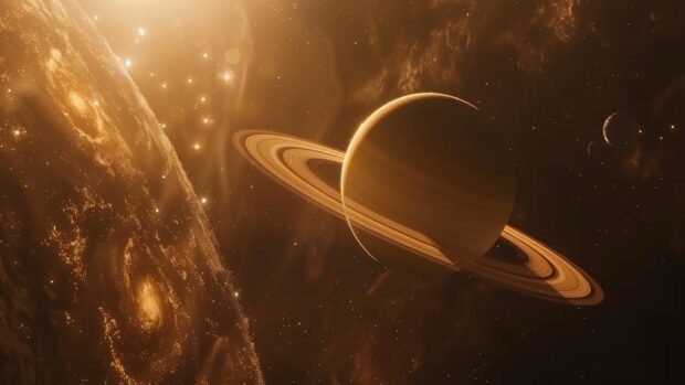 Space Wallpaper HD with A detailed image of Saturn with its rings prominently displayed, against a dark space background.