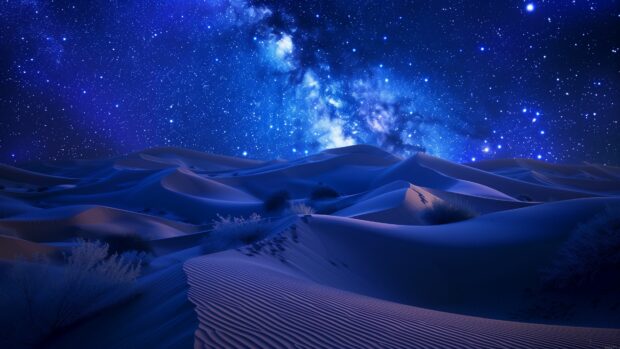 Space background 4K with a breathtaking view of the Milky Way galaxy from a dark desert landscape, with stars shining brightly.