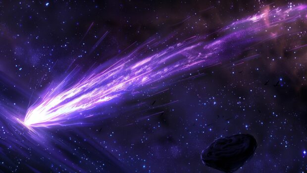 Space background 4K with a close up image of a purple comet streaking across space, its glowing tail illuminating the surrounding stars.