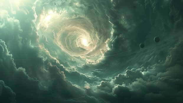 Space background 4K with a distant view of a massive gas giant wallpaper with swirling storms and multiple moons.