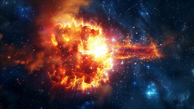 Space background 4K with a dramatic supernova explosion wallpaper, with bright colors and dynamic energy.