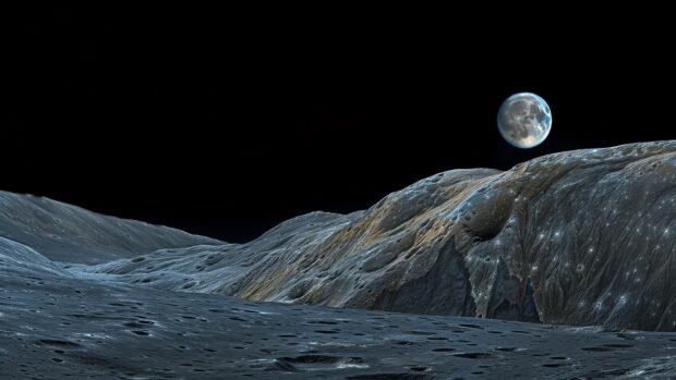 Space desktop background with a panoramic Moon surface with Earth rising in the distance.