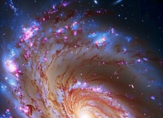 Space wallpaper for iPhone with a stunning image of a spiral galaxy with vibrant colors and intricate details.