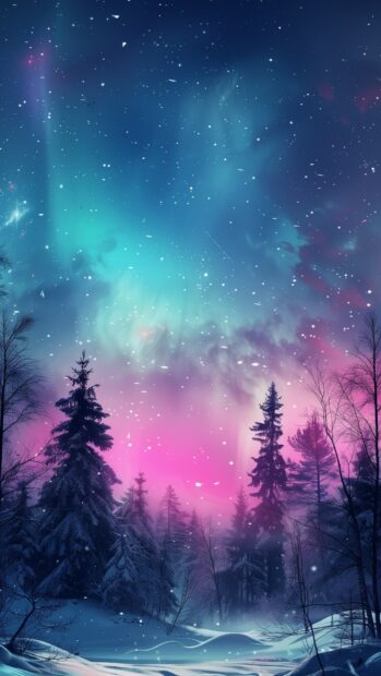 Space wallpaper for iPhone with a vibrant depiction of the Northern Lights dancing over a snowy landscape.