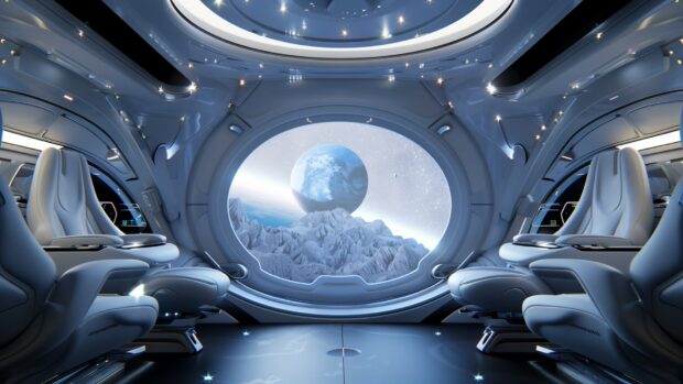 Spaceship HD wallpaper with a futuristic starship bridge with a panoramic view of the cosmos through large windows, showing stars and planets outside.