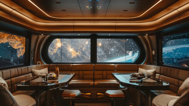 Spaceship wallpaper HD with a futuristic starship bridge with a panoramic view of the cosmos through large windows, showing stars and planets outside.