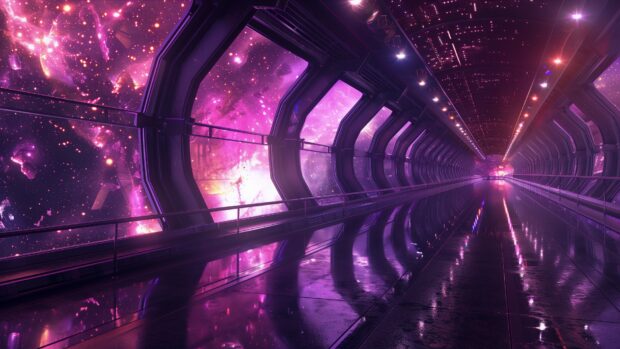 Spaceship wallpaper with a futuristic starship bridge with a panoramic view of the cosmos through large windows, showing stars and planets outside.