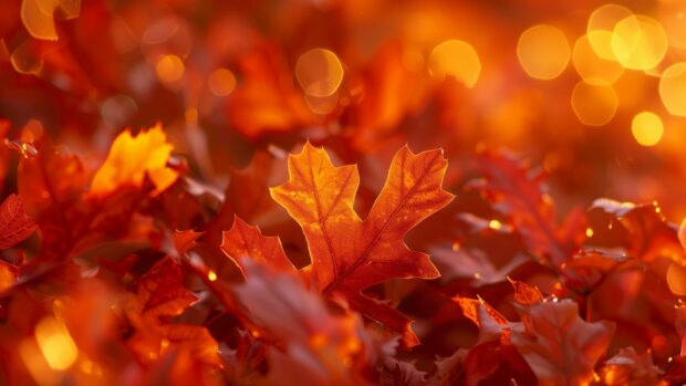 Sparse arrangement of fall leaves with soft lighting.
