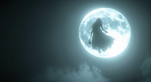 Spine chilling Halloween Background witch flying on a broomstick under a full moon.