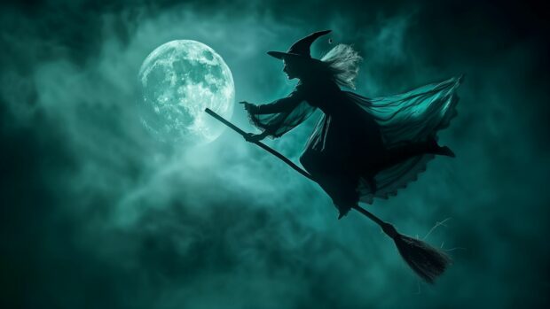 Spine chilling Halloween witch flying on a broomstick under a full moon.