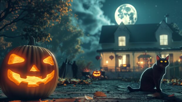 Spooky Halloween 4K Background, pumpkins, black cat, full moon.