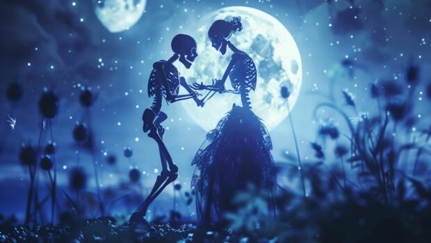 Spooky Halloween Background 4K night with skeletons dancing in the moonlight.