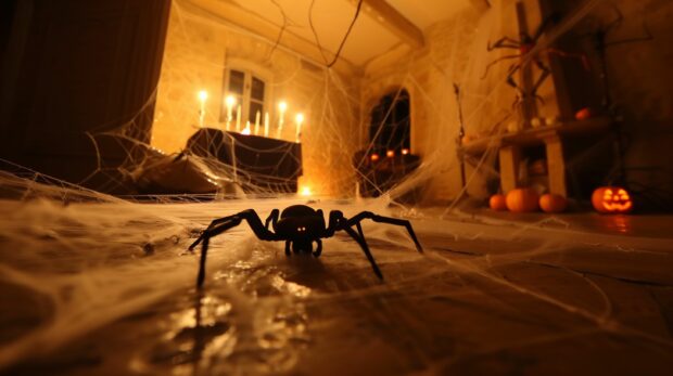 Spooky Halloween Background with spider web with a giant spider in the corner.