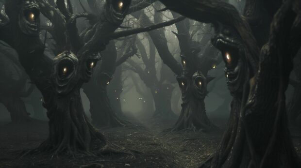 Spooky Halloween Background with twisted trees and glowing eyes in the forest.