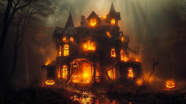 Spooky Halloween Wallpaper 4K haunted house with glowing windows.