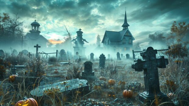 Spooky Halloween graveyard with fog swirling around tombstones.