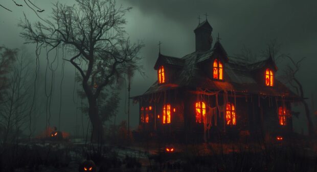 Spooky Halloween haunted house with glowing windows.