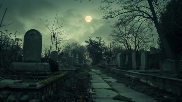 Spooky Halloween moonlit pathway leading to a mysterious old cemetery.