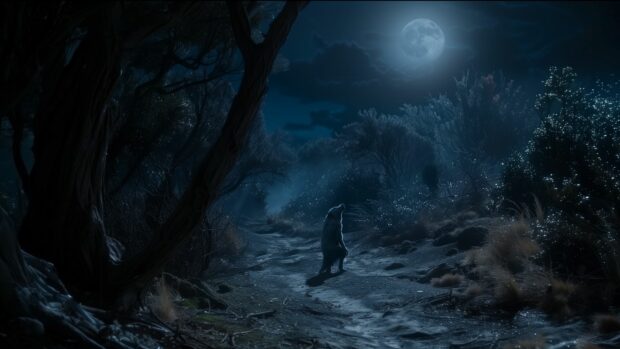 Spooky Halloween werewolf howling at the moon on a dark forest path.