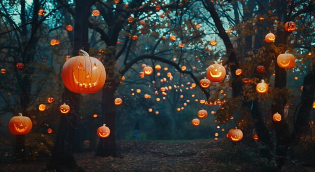 Spooky forest with Pumpkin Halloween lanterns hanging from trees.