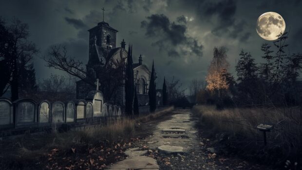 Spooky moonlit pathway leading to a mysterious old cemetery.