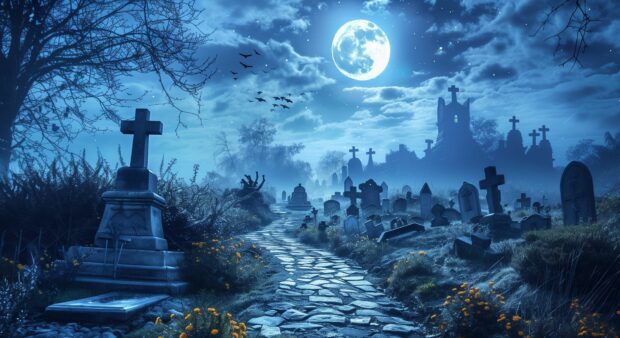 Spooky moonlit pathway leading to a mysterious old cemetery, Halloween Background Free download.