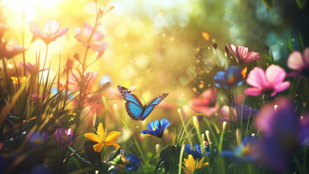 Spring meadow with blooming flowers, butterflies, soft sunlight, cool wallpaper HD for PC.