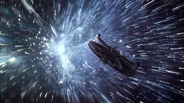 Star Wars 4K desktop wallpaper with the iconic scene of the Millennium Falcon jumping to hyperspace, with stars stretching into lines and a sense of incredible speed.