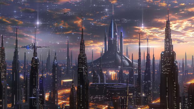 Star Wars 4K wallpaper with an artistic rendering of the Jedi Temple on Coruscant, with the city planet’s lights and skyscrapers against a star filled sky.
