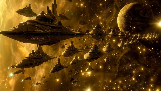 Star Wars Space PC wallpaper with a stunning space scene featuring a fleet of Mon Calamari cruisers and Nebulon B frigates in formation, ready for battle against the Empire.