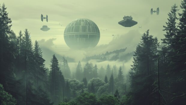 Star Wars Space desktop HD wallpaper with a panoramic view of the forest moon of Endor, with the Death Star looming in the sky and Imperial shuttles flying above.