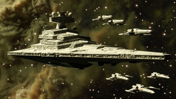 Star Wars Space desktop background with a detailed image of an Imperial Star Destroyer patrolling the galaxy, with TIE Fighters flying in formation around it.