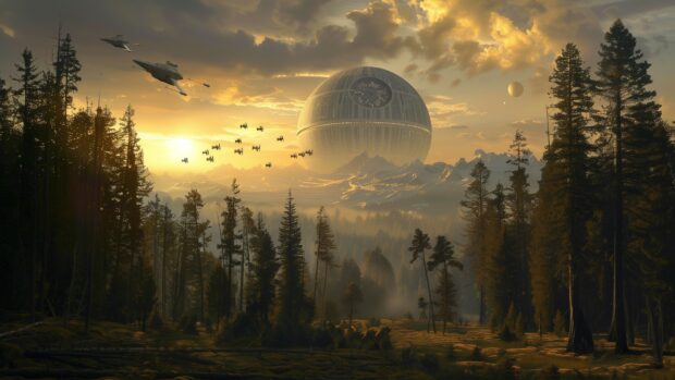 Star Wars Space desktop background with a panoramic view of the forest moon of Endor, with the Death Star looming in the sky and Imperial shuttles flying above.