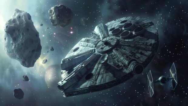 Star Wars Space wallpaper 4K with The Millennium Falcon flying through an asteroid field, dodging large rocks with stars and distant planets in the background.