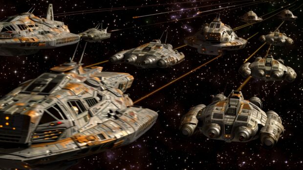 Star Wars Space wallpaper for MAC with a stunning space scene featuring a fleet of Mon Calamari cruisers and Nebulon B frigates in formation, ready for battle against the Empire.